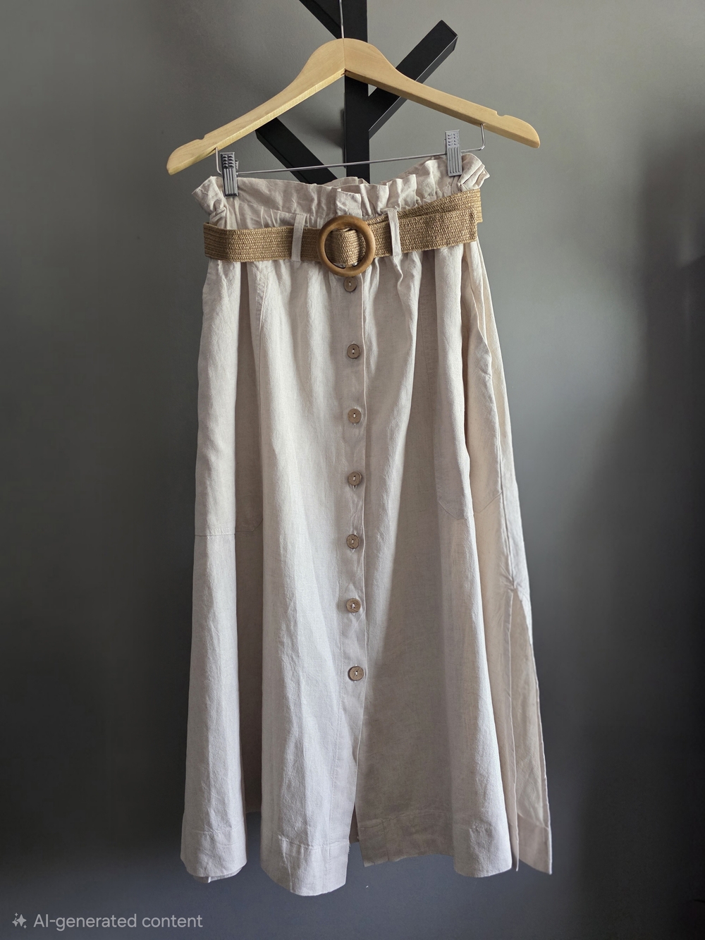 High-Waist Button-Front  Midi Skirt in Light Beige